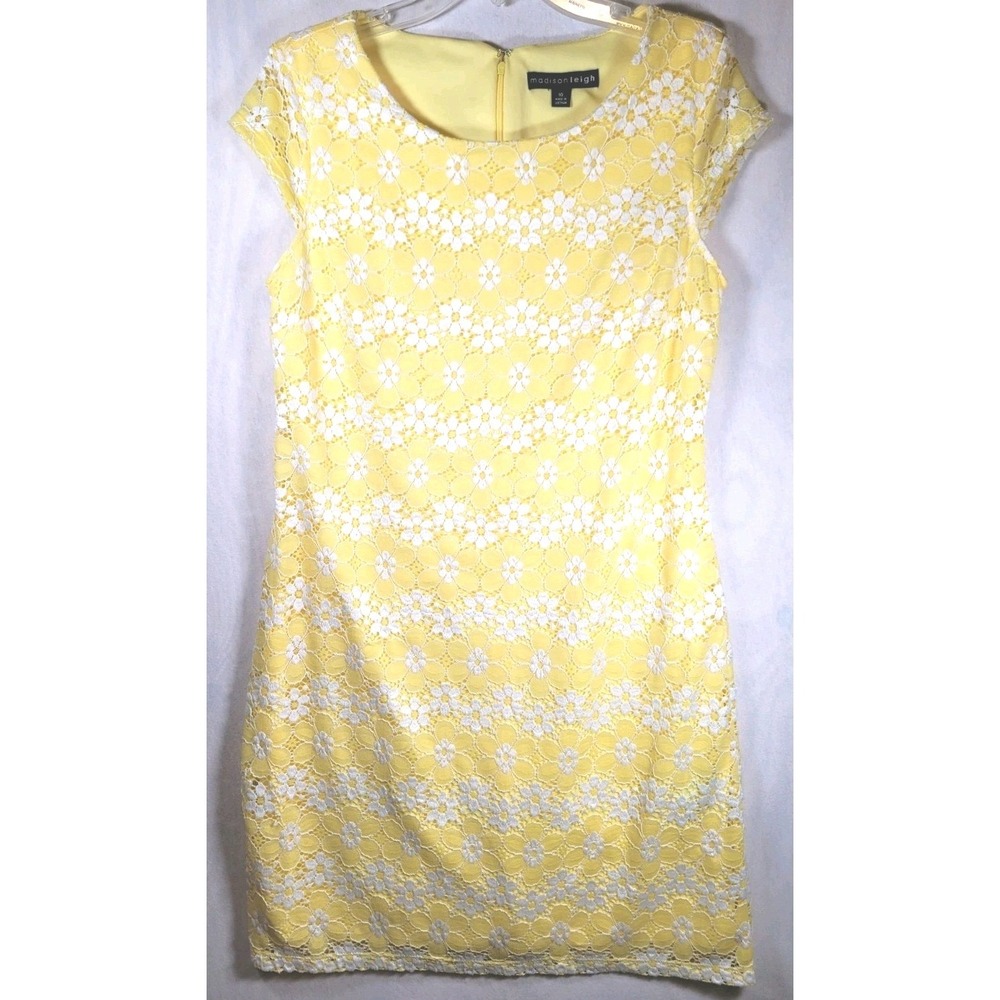 Madison Leigh Womens‎ 10 Classic Yellow Floral Lace Sheath Midi Cap Sleeve Dress